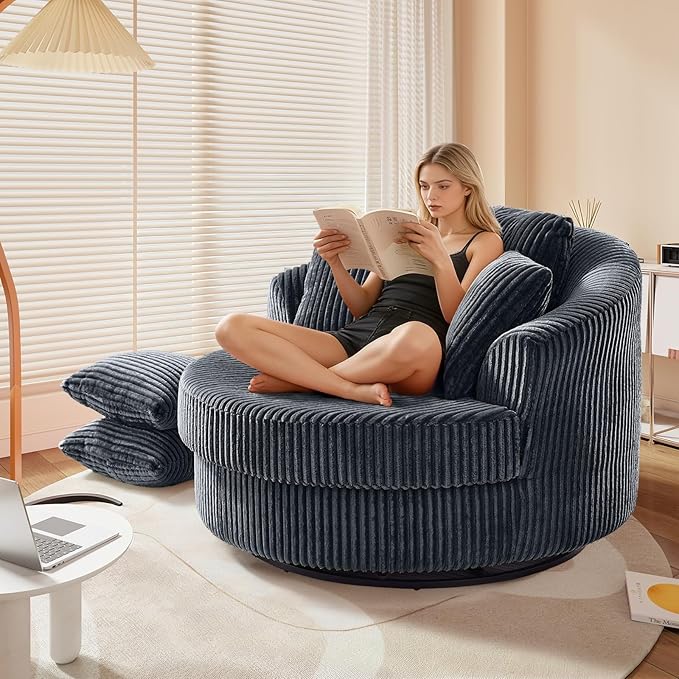 360 Degree Oversized Swivel Chair 50 Round Lounge Chair Modern Accent Circle Chair W/ 5 Pillows Upholstered Corduroy Sofa Chair for Living Room Bedroom Apartment Grey