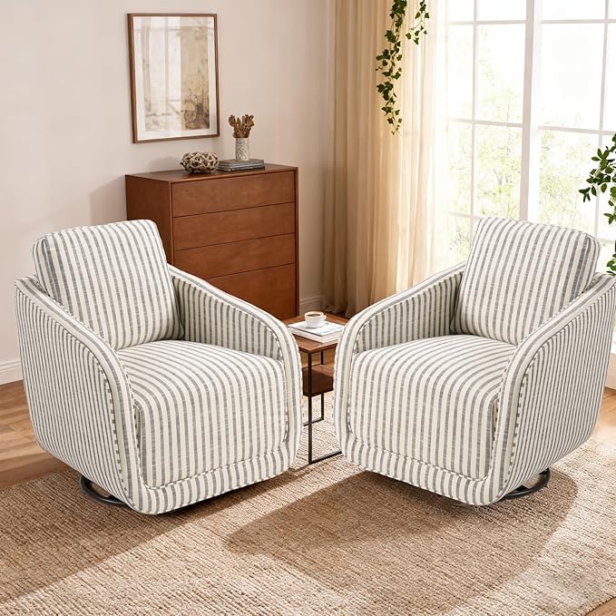 Swivel Barrel Accent Chair Set of 2 360 Degree Comfy Swivel Reading Chair with Removable Back Modern Sofa Chair with Oversize Base for Living Room Bedroom Office(Blue Stripe)