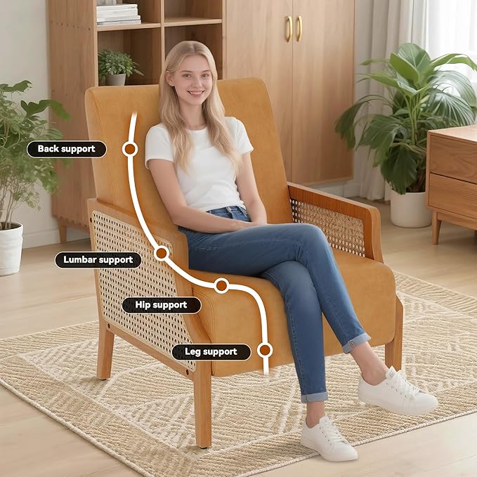 WENTMENT Modern Accent Chair Armchair with Natural Rattan Armrest Upholstered Living Room Chair Comfy Single Sofa Chair for Hosting Room/Bedroom Brown