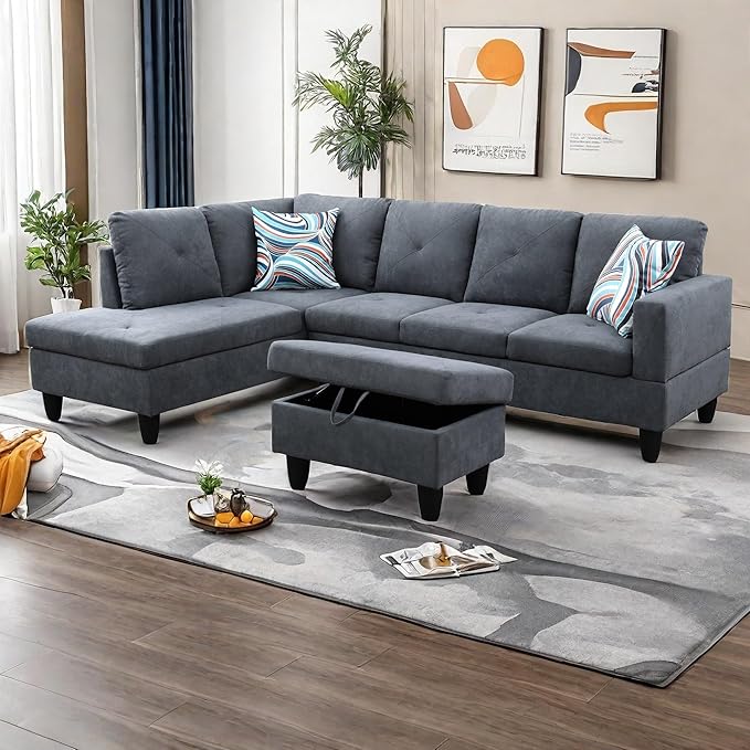 L Shaped Sectional Couches Modern Convertible Lounge Sofa with Ottoman Storage Comfy Modular Sectional Sofa for Living Room Furniture Sets Small Spaces Bedroom Grey A