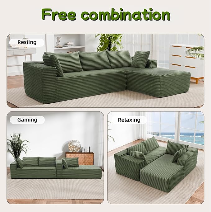 Cloud Sectional Couch 105” Fluffy Modular L-Shape Sofa with Left Chaise Lounge Modular Sectional Sofa in a Box Boneless Couch for Living Room No Assembly Required Flannel Green