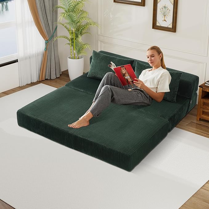 Folding Sofa Bed Full Size Convertible Sleeper Loveseat with 2 Pillows Corduroy Foldable Couch Bed Boneless Loveseat Couch for Living Room Apartment Small Spaces (Green)