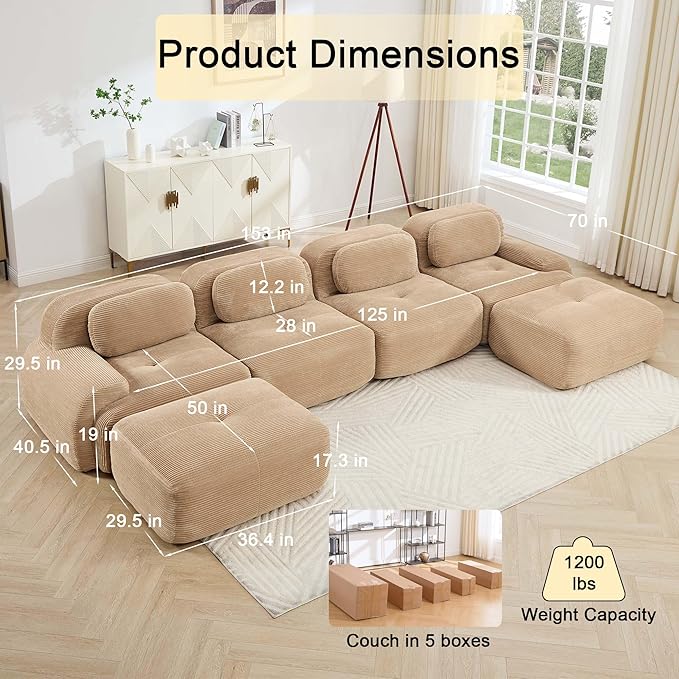 153 Boneless Couch28 Feep Seat Pet-Friendly Corduroy Oversize Sectional Sofa with 2 Movable Ottomans 4 Seater Modular Cloud Couch for Living Rooms Apartments Leisure RoomsCamel