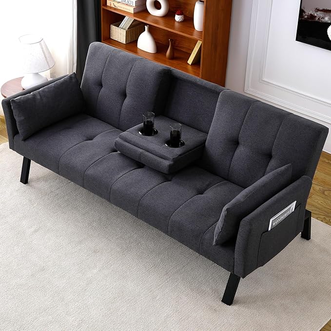 72 Cotton Linen Futon Couch Living Room Couch Bed Convertible Sleeper Sofa Bed with Cup Holder for Bedroom Guest Bed 2 Seater Reclining Sofas Couches with Nailhead Trim for Small Space (DARK GREY)