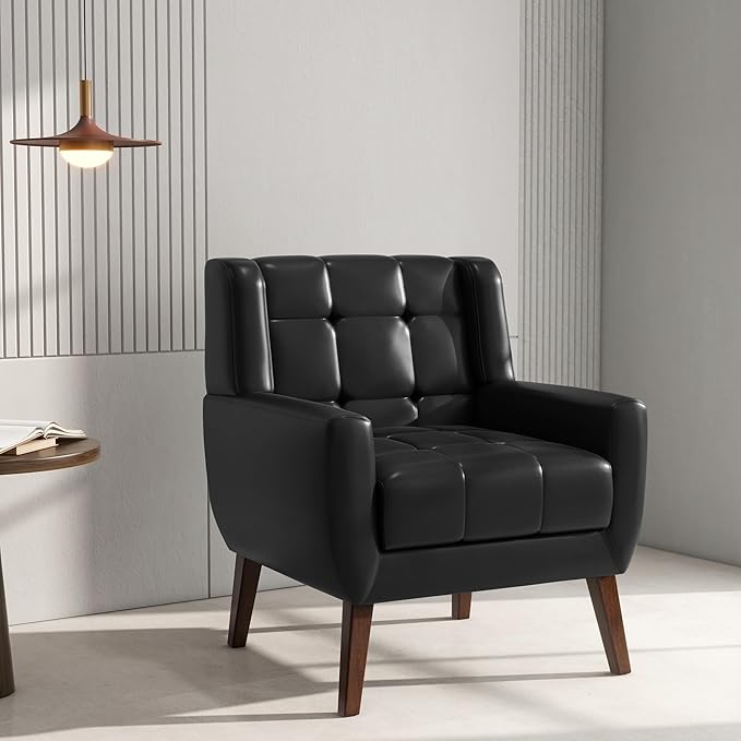 Accent Chair Comfy Mid Century Modern Small Armchairs with Solid Wood Frame and Soft Cushion for Living Room Bedroom (Faux Leather Black Set of 1)
