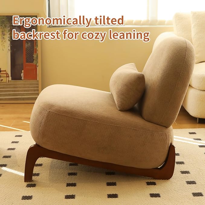 HAZO Cute Accent Chair with Solid Wood Legs Velvet Living Room Chair with Soft Cushion Cozy Bedroom Chair Comfy Armless Reading Chair for Apartment Waiting Room Balcony (Camel)