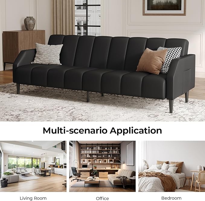 Fadware Faux Leather Couch Convertible Futon Sofa Bed with Adjustable Backrest Mid Century Leather Sofa Loveseat with Side Pockets&amp Metal Leg Modern Leather Sleeper Sofa for Living Room Bedroom