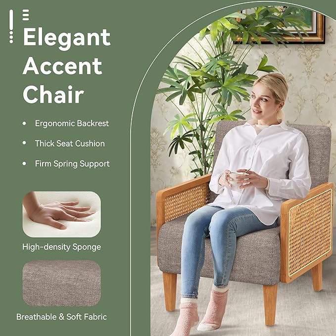 Accent Chair Mid Century Modern Living Room Chairs Rattan Armrest Upholstered Armchair with Solid Wood Legs Bedroom Reading Chair Taupe