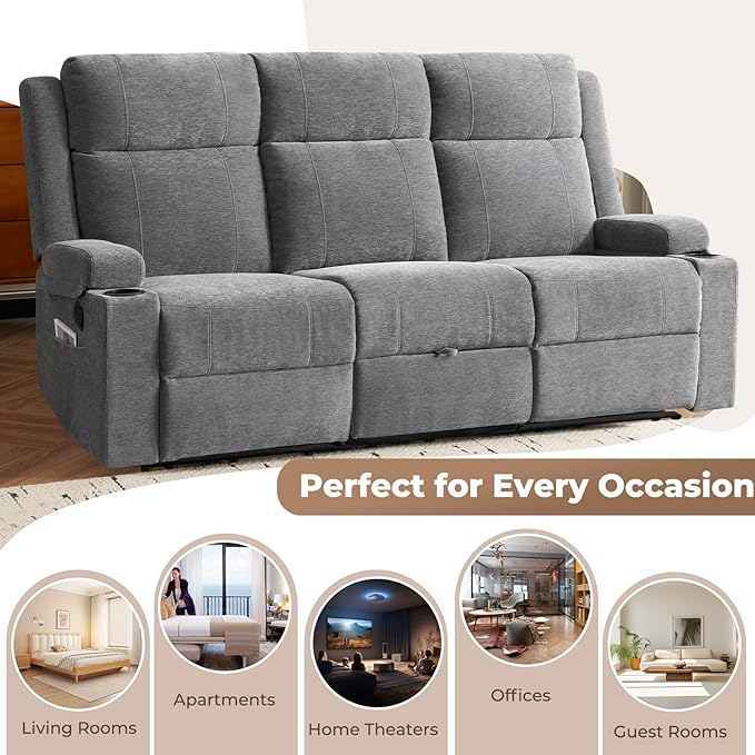 2 Piece Living Room Sofá Set Modern Chenille Reclining Sofa Set with Convertible Center Console &amp Storage Ottoman Space-Saving Couch for Home/Bedroom/Apartment (Grey)