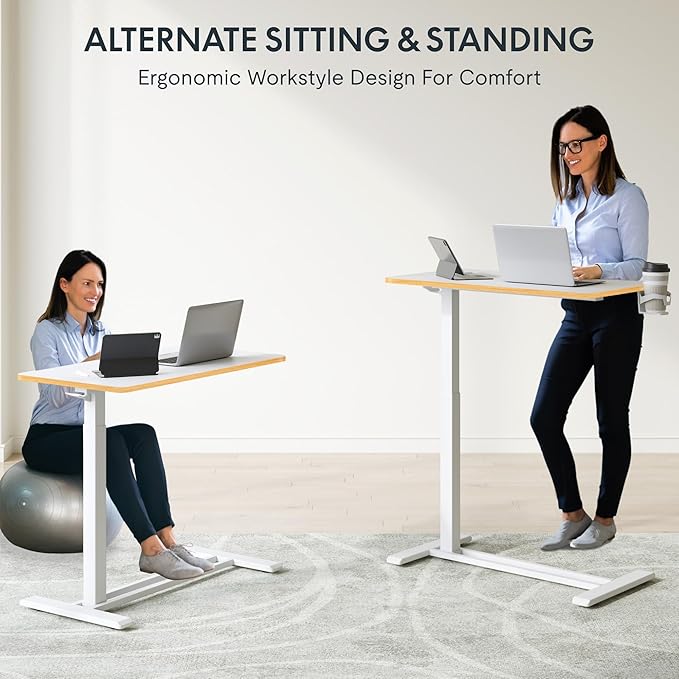 FLEXISPOT H7 Adjustable Overbed Bedside Table with Wheels Pneumatic Mobile Standing Laptop Desk Rolling Computer Cart Movable Overbed Table Hospital Home Use (31.5 W x 17.7 D White Maple Large)