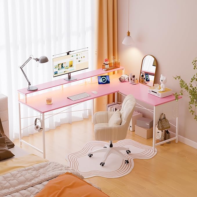 Pamray 64 Inch L Shaped Gaming Desk with Power Outlets and Led Lights Large Corner Computer Desk with Monitor Stand and Pegboard PC Table for Home Office and Bedroom Pink