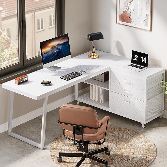 Tribesigns 53 L Shaped Office Desk Reversible Corner Computer Desk with 3 File Drawers and 2 Storage Shelves for Home Office Study Gaming Room (White)