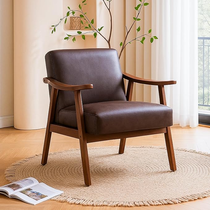 Accent Chair with Microfiber Upholstery and Solid Wood Frame Classic Mid-Century Modern Living Room Furniture for Extra Seating Dark Brown