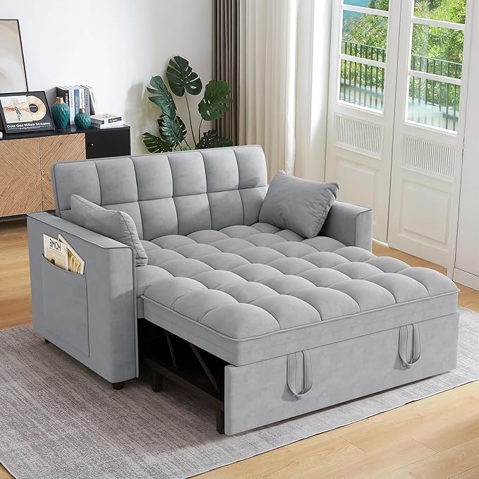 Hommoo 53 Sleeper Sofa Bed Pull Out Couch Convertible 3 in 1 Futon Lounge Sofa Small Love Seat for Living Room Apartment Comfy Velvet Reclining Back with Pillows and Pockets Light Grey