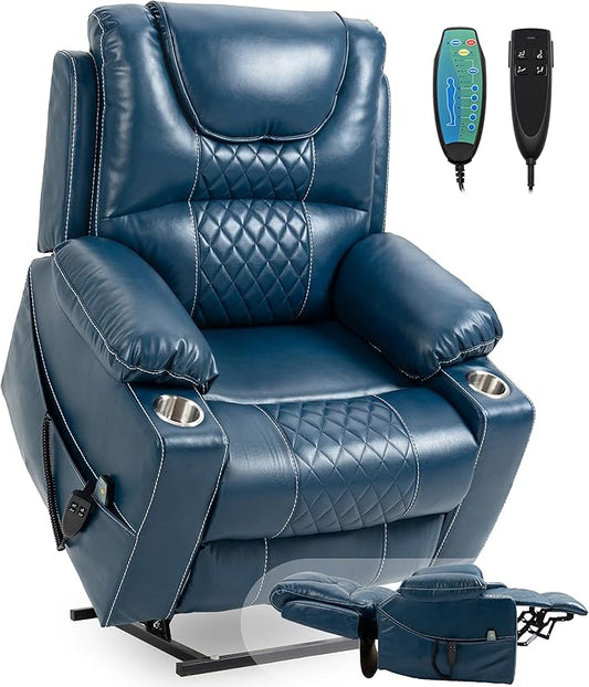 Large Power Lift Recliner Chair Sofa with Massage and Heat for Big and Tall ElderlyInfinite PositionsDual MotorCup HoldersAir Leather Home Theater Seat