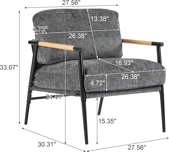 Modern Accent Chair Lounge Arm Chair Upholstered Armchair with Plush Cushions Single Chairs with Metal FrameWooden Armrest - Perfect for OfficeLiving RoomBedroomGrey