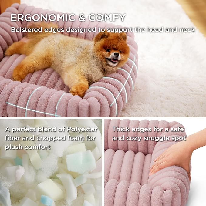 Bedsure ComfyFleece™ Cute Dog Bed for Small Medium Dogs - Washable Furry Puppy Beds Rectangle Orthopedic Corduroy Fleece Pet Beds with Removable Zipper Cover 25x21x7inches Blush Pink