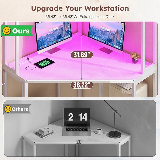 Corner Desk 35.4 W x 63 H White Office Desk and Small Gaming Desk with Hutch &amp LED Lights Computer Desk with Drawers for Storage &amp Shelves and Hook for Small Space White