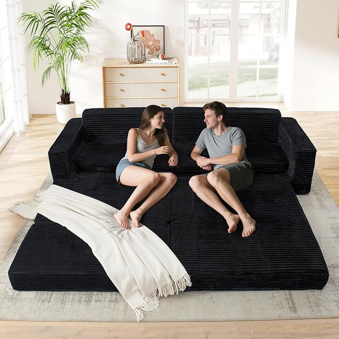 112.6 Oversized Fold Out Couch Bed King 3 in 1 Convertible Modern L Shape Cloud Modular Sectional Comfy Boneless Foam Couch Futon for Living Room No Assembly(Black CorduroyRight Facing Chaise)