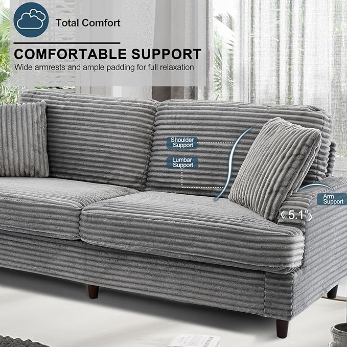 80 Inch 2 Sets Sofa Couch Comfy Love Seat Couches for Living Room Mid Century Modern Oversized Two Seater Couch Plush Corduroy Deep Seat Sofas for Bedroom Small Space Apartment Light Grey