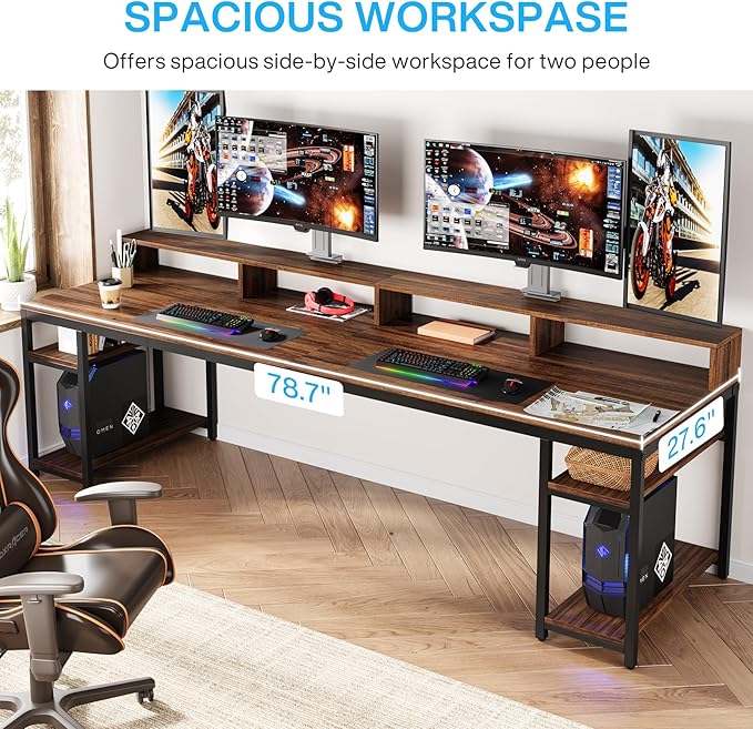 Tribesigns Two Person Desk with Monitor Stand 78.74 Long Double Computer Office Desk with Storage Shelves Large Gaming Study Writing Table Workstation for Home Office (Rustic Brown)