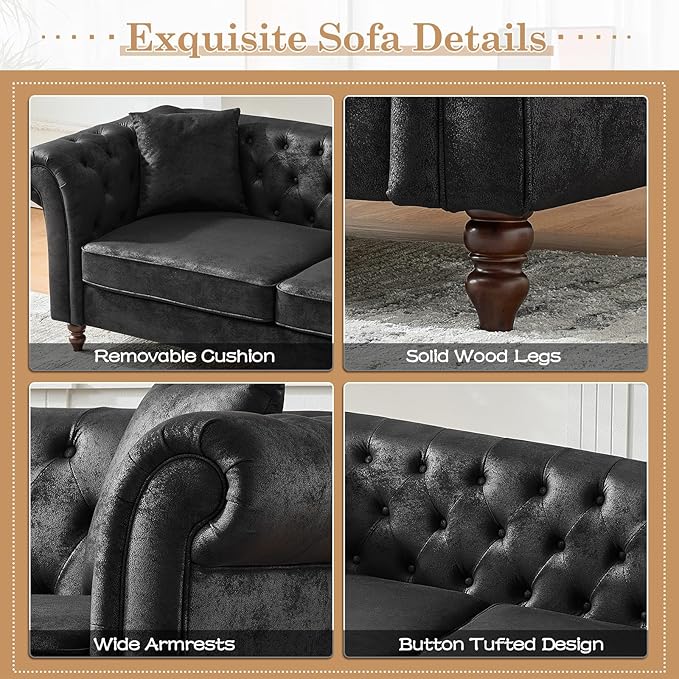 Mid Century Modern Faux Leather Couch 83 Chesterfield Sofa Tufted Loveseat Sofa w/Nailhead Trim Rolled Arms Comfy Upholstered Deep Seating Settee Love Seat for Living Room Office(Black 3 Seater)