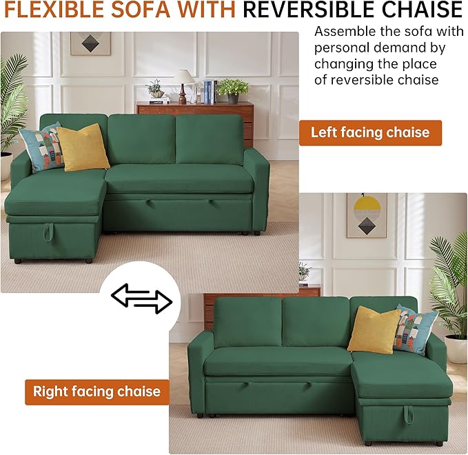 79 Sleeper Sofa Bed 3-in-1 Convertible Sofa Pull Out Couch with Storage | Reversible Chaise | L Shaped | Layered Storage | 3-Seater Comfy Sectional Couch Pullout Bed for Living Room