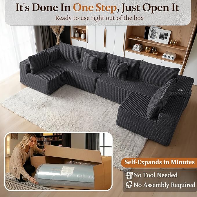 138 Cloud Sectional Couch Comfort U Shaped Sofa for Living Room Extra Deep Seats No Assembly Minimalist Modular Couch Corduroy (Dark Grey 6 SeatsU-Shape B)
