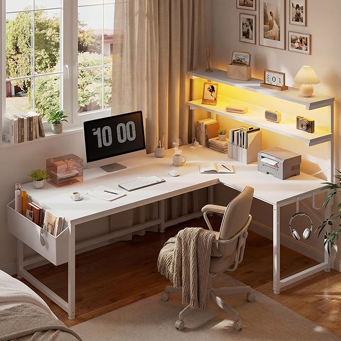 L Shaped Desk Computer Desk with LED Light &amp Power Outlet 53 Inch Reversible L Shaped Gaming Desk with Shelf &amp Storage Bag &amp Hook for Home Office White