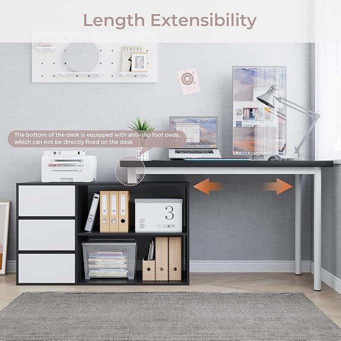 Home Office Computer Desk Corner Desk with 3 White Drawers and 2 Shelves 53-inch L-Shaped Study Desk with Storage Black + White