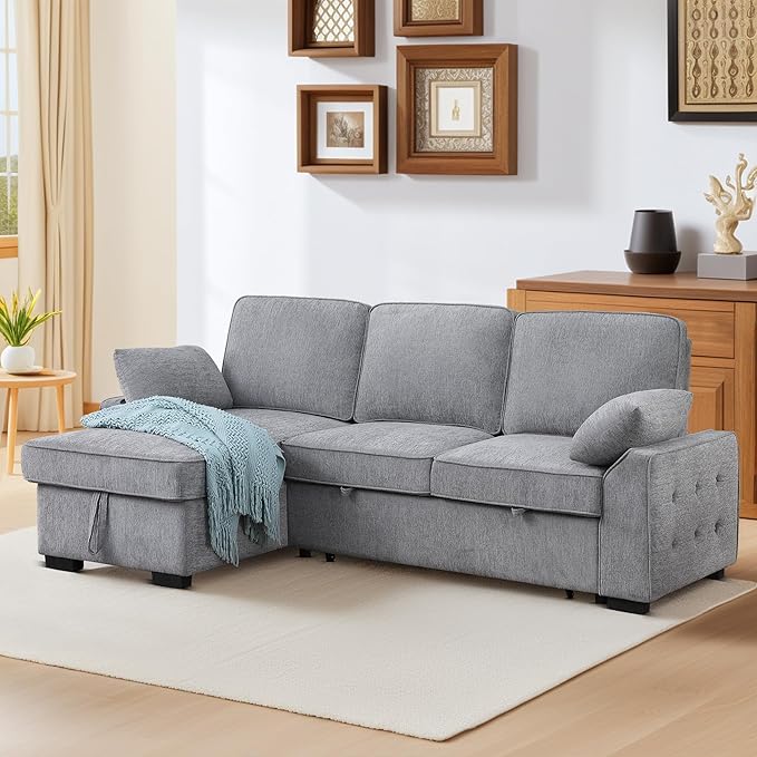 ERYE L-Shaped Pull Out Sleeper Couch Bed Modern Chenille Upholstered Button Tufted Corner Couch Reversible Sectional Sleeper Sofa Bed W/Storage Chaise Cup Holders