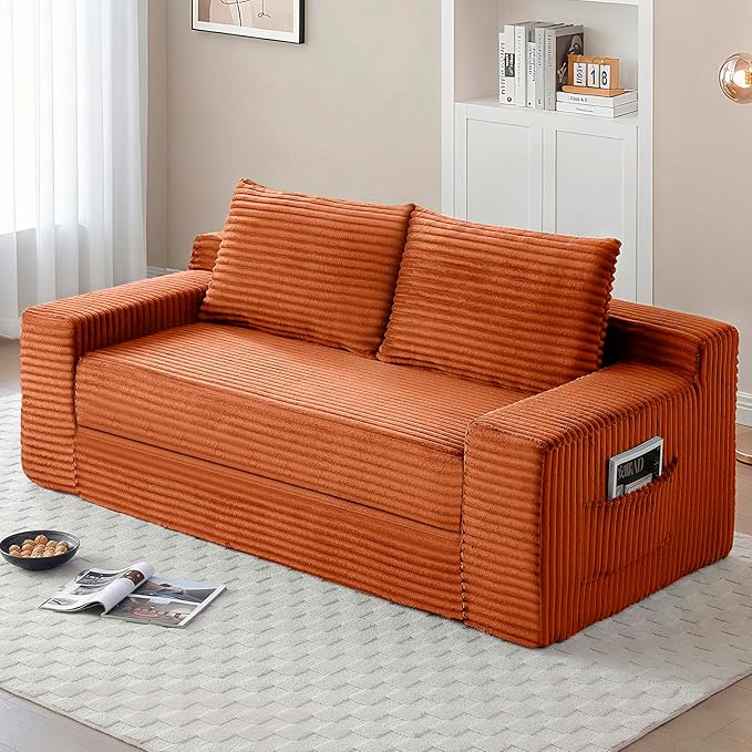 73 Cloud Loveseat Sofa Bed Orange - Boneless 2-Seater Couch No Assembly Convertible Folding 2-in-1 Design Small Space Corduroy Memory Foam Floor Lounge Couch for Bedroom Living Room (Orange)
