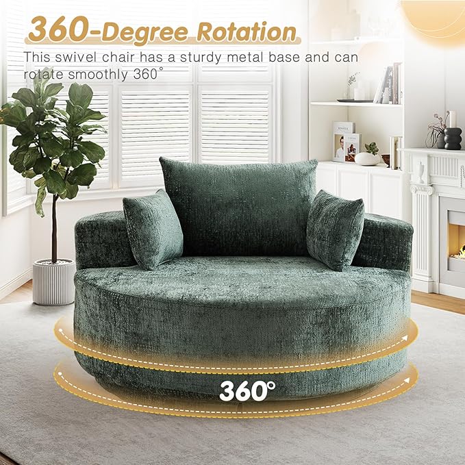 55 W Oversized Round Swivel Accent Barrel Chair360 Degree Chenille Upholstered Comfy Chaise Lounge Chair IndoorModern Deep Seat Single Sofa Armchair for Living RoomBedroomOffice(Green)