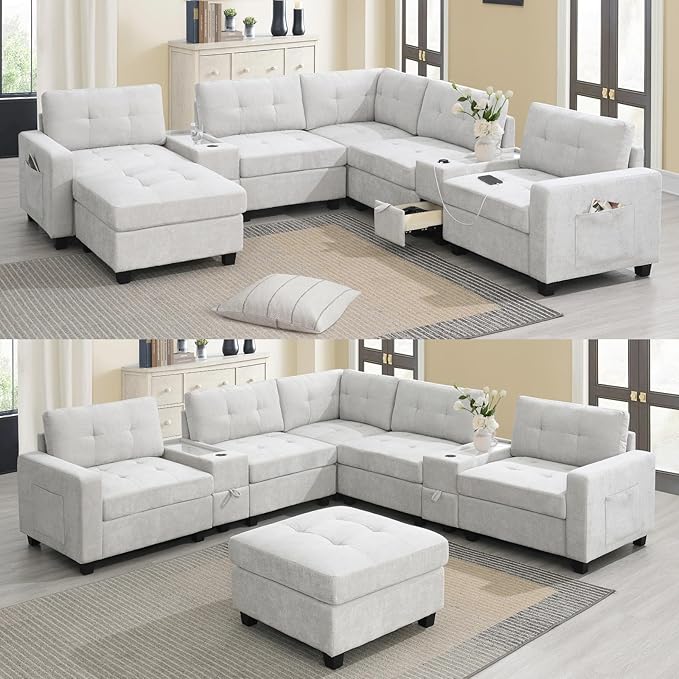 104'' Sectional Sofa with 2 Acrylic Consoles Oversized U Shaped Couch Set with USB ChargerStorage DrawersPocketsMovable OttomanChenille Modular Sectional Sofa for Living RoomApartment(Beige)