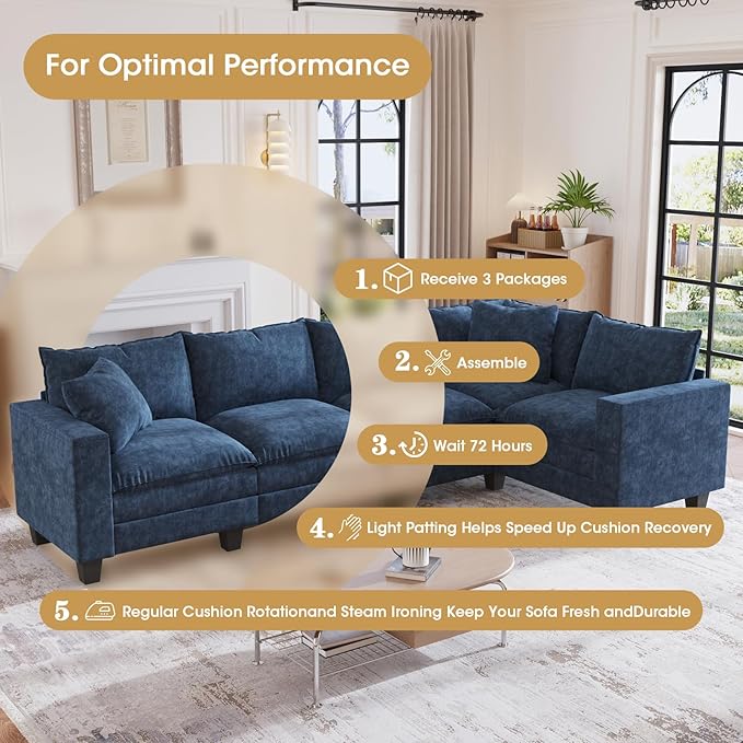 97 L Shaped Sectional Couch Comfy Chenille Cloud Couch 5 Seat Modular Cloud Sofa with 2 Pillows &amp Storage Armrests Convertible V Shaped Corner Couch Sectional Couches for Living Room Blue