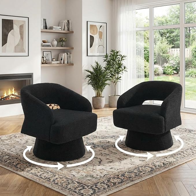 2Pcs Comfy Swivel Barrel Chair for Living Room - Modern Upholstered Accent Chair with Teddy Fleece Hollowed Back &amp 360° Swivel Base Small Round Chair for Bedroom Reading Nook Office Black
