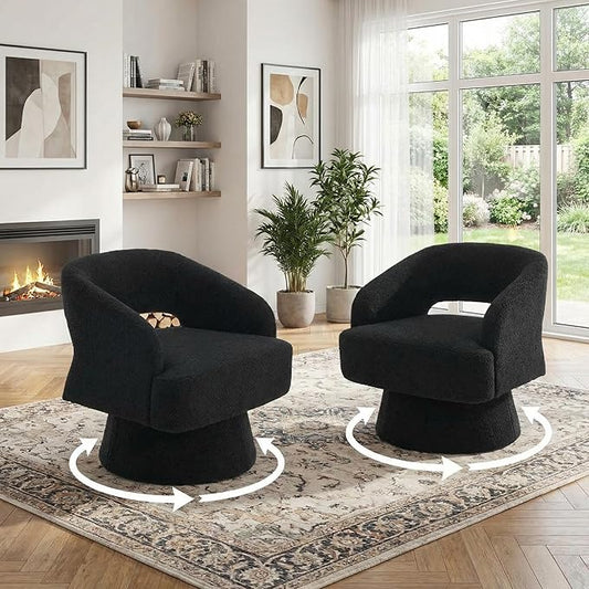 2Pcs Comfy Swivel Barrel Chair for Living Room - Modern Upholstered Accent Chair with Teddy Fleece Hollowed Back &amp 360° Swivel Base Small Round Chair for Bedroom Reading Nook Office Black