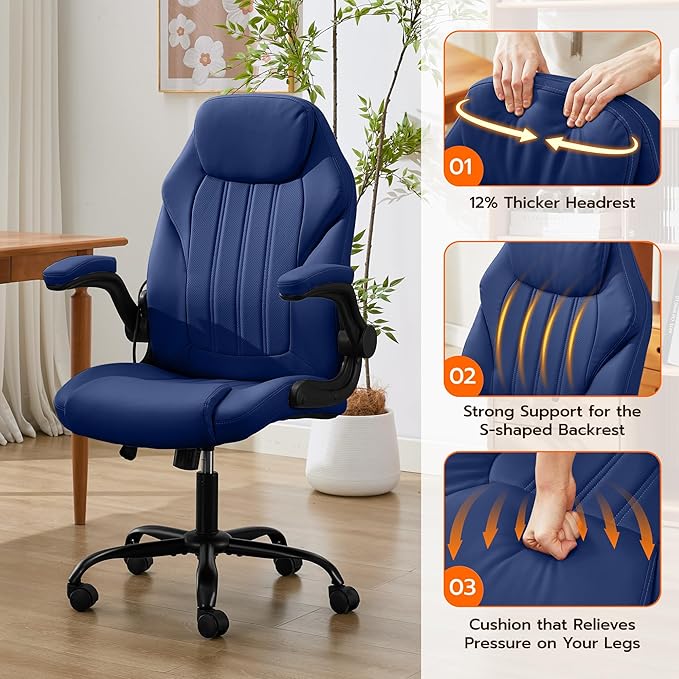 Office Desk Chair Ergonomic Computer Chair with Padded Flip-Up Arms and Adjustable Lumbar Support PU Leather Executive Chair with Tilt Lock and 360° Swivel Rolling Wheels for Work Study