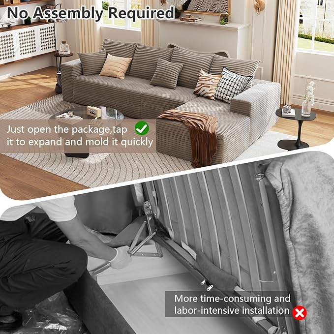 135.4 Cloud Sectional Couch with L-Shape Chaise Modern Corduroy Boneless Deep Seat Sofa 4-Seater Modular Sleeper Couch for Living Room Bedroom Apartment No Assembly (Camel Right-Facing Chaise)