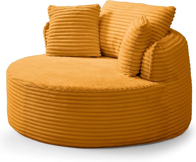 Oversized Round Chair Lounge Chaise Indoor 53.5 Corduroy Boneless Round Chair Fluffy Single Deep Seat Cloud Sofa Chairs Modern Circle Chaise Lounge for Bedroom Living Room Yellow