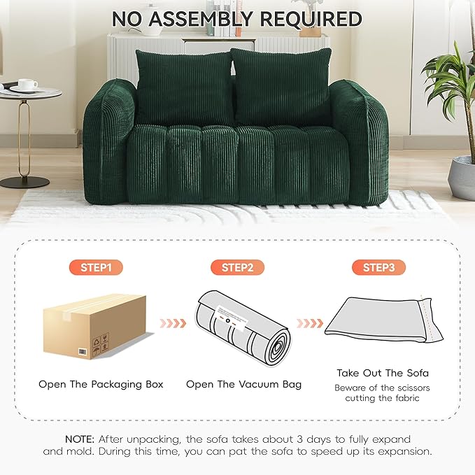 66'' Boneless Corduroy Loveseat Sofa 2 Seater Tufted Deep Seat Couch with Rounded Armrest Upholstered Cloud Couch for Living Room Bedroom No Assembly Green