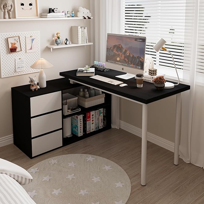 L Shaped Computer Desk 47 Inch Home Office Desk with File Drawers &amp Storage Shelves Small Corner Computer Desk for Small Space (Black + White)