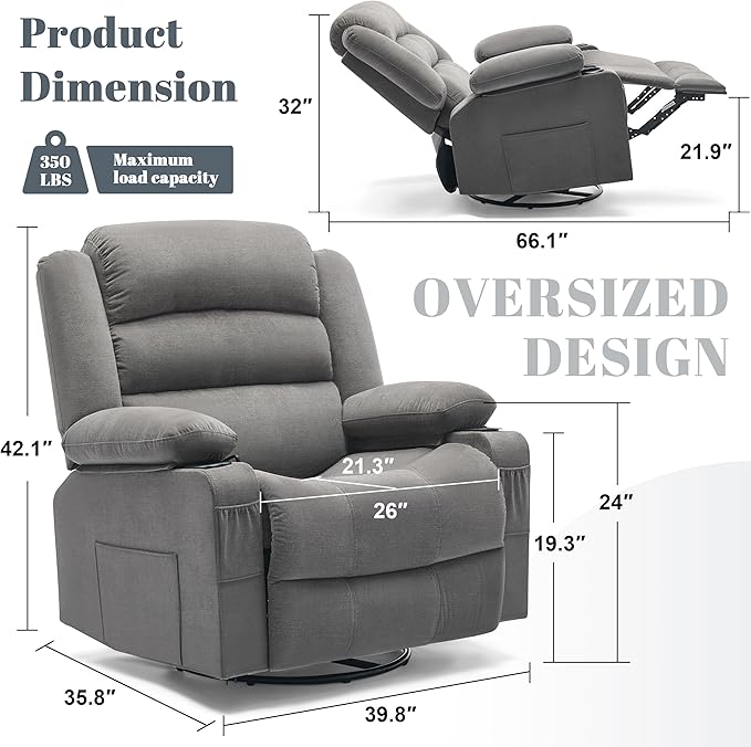 Oversized Recliner Chair with Heat and Massage 360° Swivel Chairs for Adults Nursery Rocking Recliner Single Sofa Seat with Cup Holders Lazy Boy Recliner Single Sofa (Oversized Manual Grey)