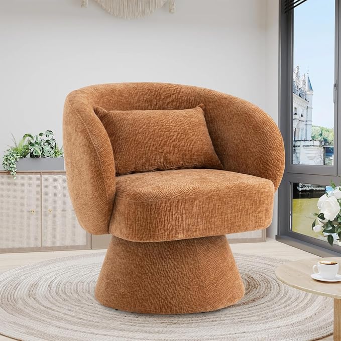 Swivel Accent Chair Sherpa Bucket Chair Velvet Upholstered Armchair 360° Swivel Bucket Shaped Armchair with Pillow and Round Back for Living Room Bedroom Nursery (Orange)