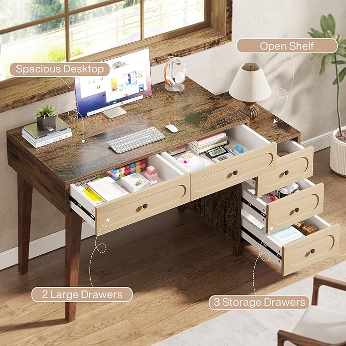 Tribesigns 51-Inch Computer Desk with 5 Drawers Rustic Brown Office Desk with Reversible Drawer Cabinet Wooden Study Writing Table Workstation with Storage for Small Spaces