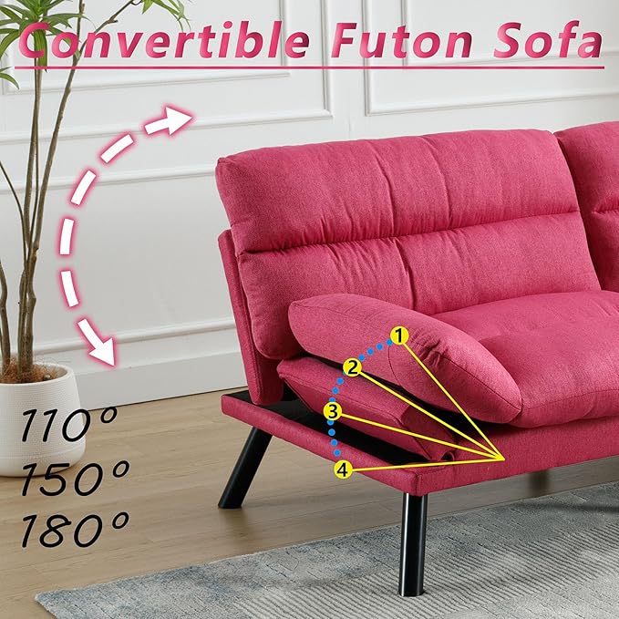 Anwick Modern Futon Couch Bed Sofa: Linen Fabric Quick Folding Armrest Space-Saving Convertible 2 Seater Loveseat for Living Room Bedroom Small Rooms Apartment (Pink) (Hot Pink)