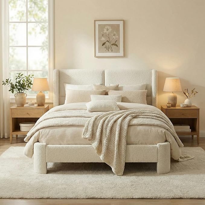 LIKIMIO Full Bed Frame with Headboard Upholstered Boucle Platform Bed with USB Ports Base Camas Full No Box Spring Needed Cream White