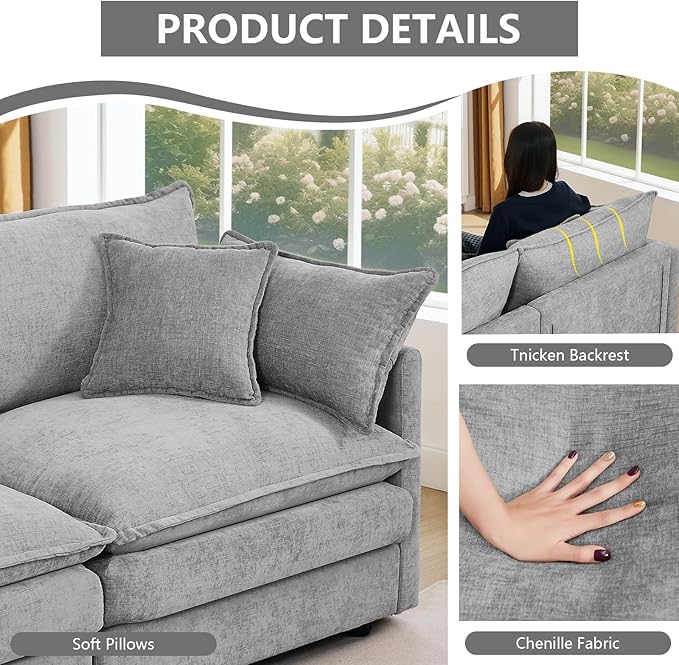 GNIXUU 102 Modular Sectional Sofa L Shaped Cloud Couch with Movable Ottoman &amp 4 Pillows Deep Seat Chenille 4 Seater Sectional Couches for Living Room Apartment (Grey)
