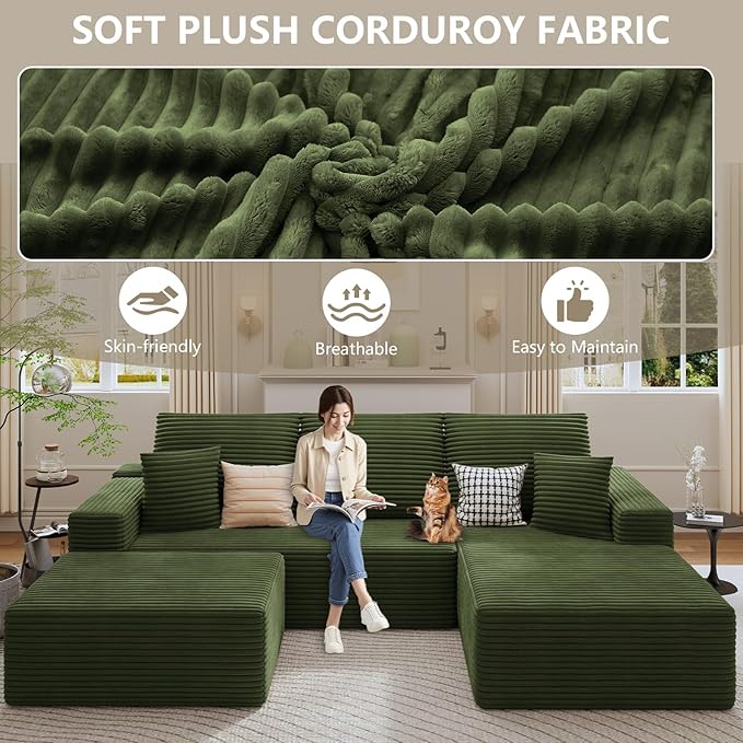 107 Cloud Sectional Couch with U-Shaped Chaise Corduroy Sectional Sofa with Ottoman Boneless Couch with Deep Seat in a Box for Living Room No Assembly Required (Green Right Facing Chaise)