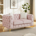 61.25 Velvet Chesterfield Sofa Mid-Century Modern Love Seat Button Tufted Couch with Curved Arms Gold Metal Legs Deep Seat Small Space Comfortable Living Room Bedroom Furniture (Pink 2 Seater)